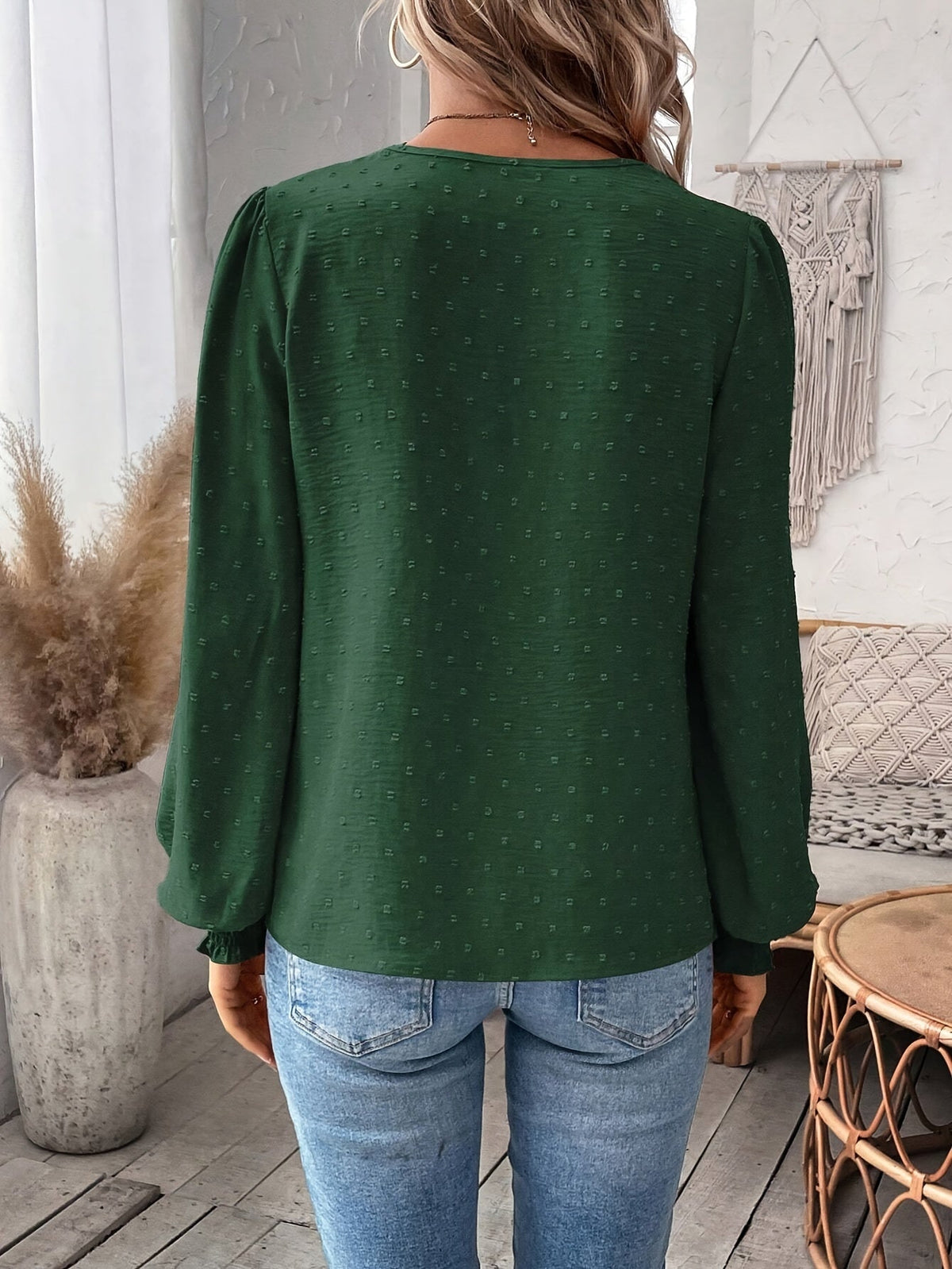 Lace Splicing Swiss Dot V-neck Blouse, Elegant Long Sleeve Blouse Top