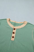 Mint Green Raw Seam Color Block Detail Buttoned Henley Tee
