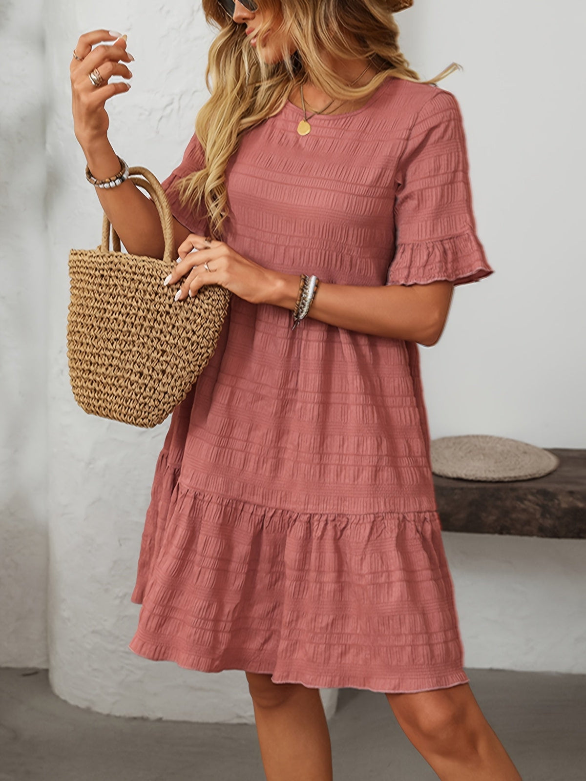 Square Neck Ruffle Detail Knee-Length Casual Short Sleeve Flowy Dress