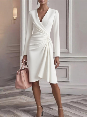 Plain Spring/Fall Dress V Neck Long Sleeve Fit & Flare Dress A-Line Dress