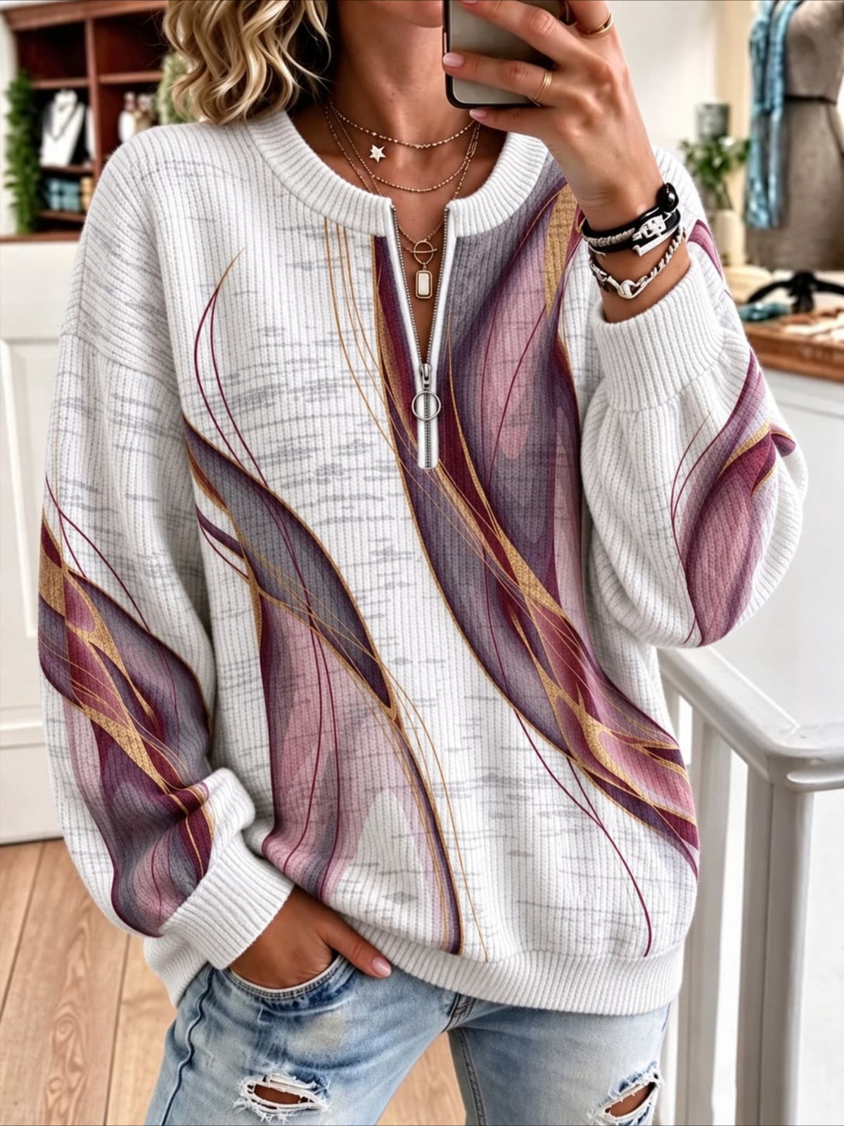 Printed Pattern Zipper Long Sleeve Pullover Sweater