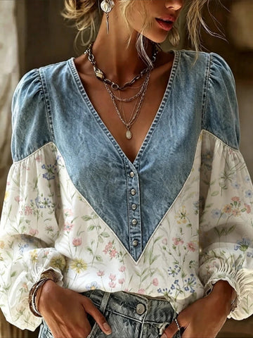 Vintage Denim V-neck Splicing Long Sleeve Shirt