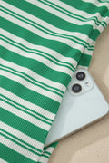 Green Stripe Collared V Neck Short Sleeve T Shirt Midi Dress with Pockets