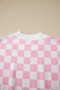 Pink Checkered Print Color Block Trim Mock Neck Short Set