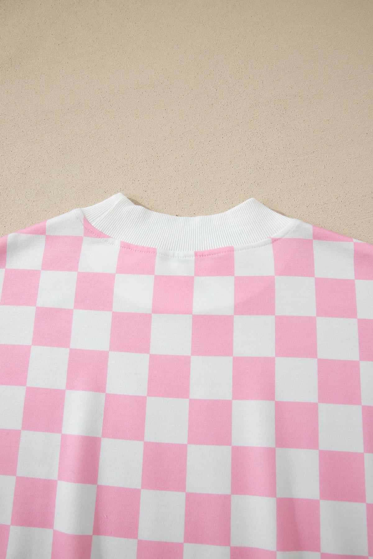 Pink Checkered Print Color Block Trim Mock Neck Short Set