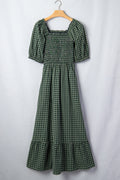 Green Plaid Square Neck Shirred High Waist Ruffle Hem Dress