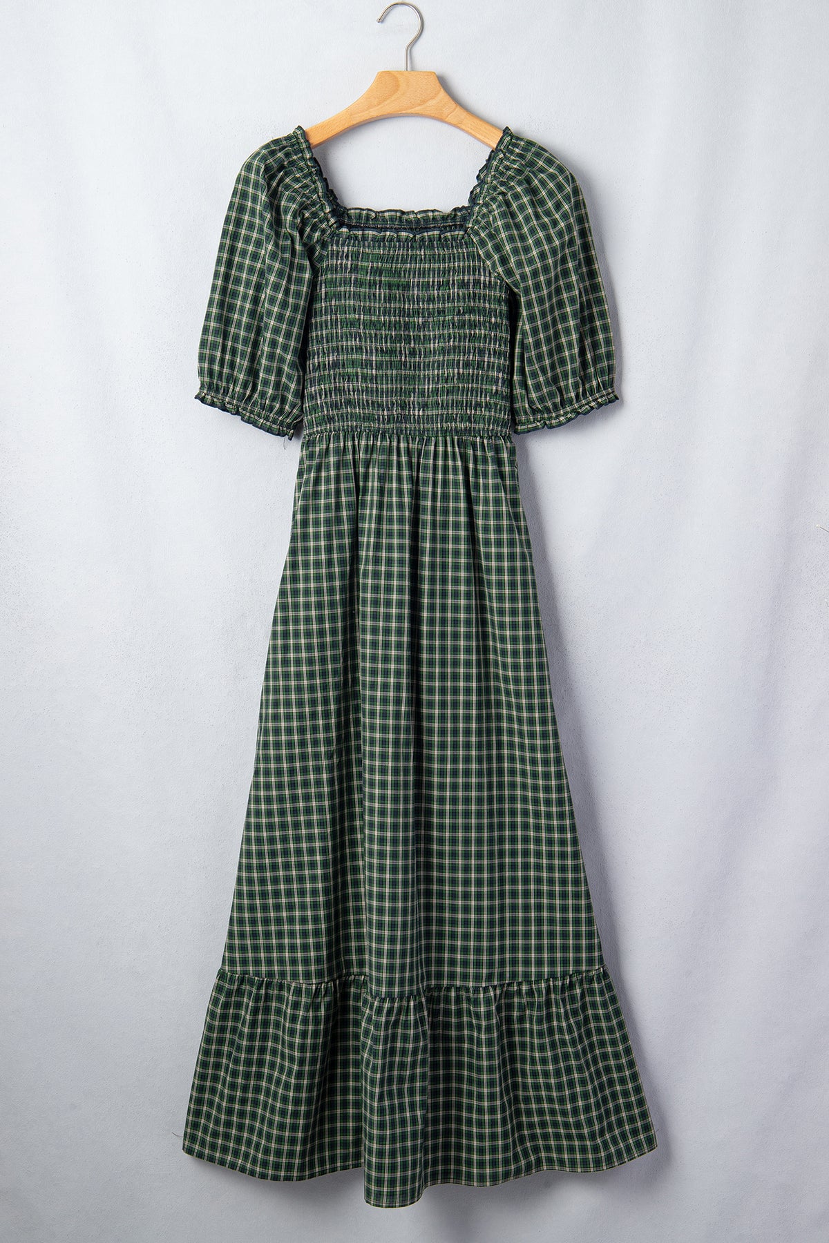 Green Plaid Square Neck Shirred High Waist Ruffle Hem Dress