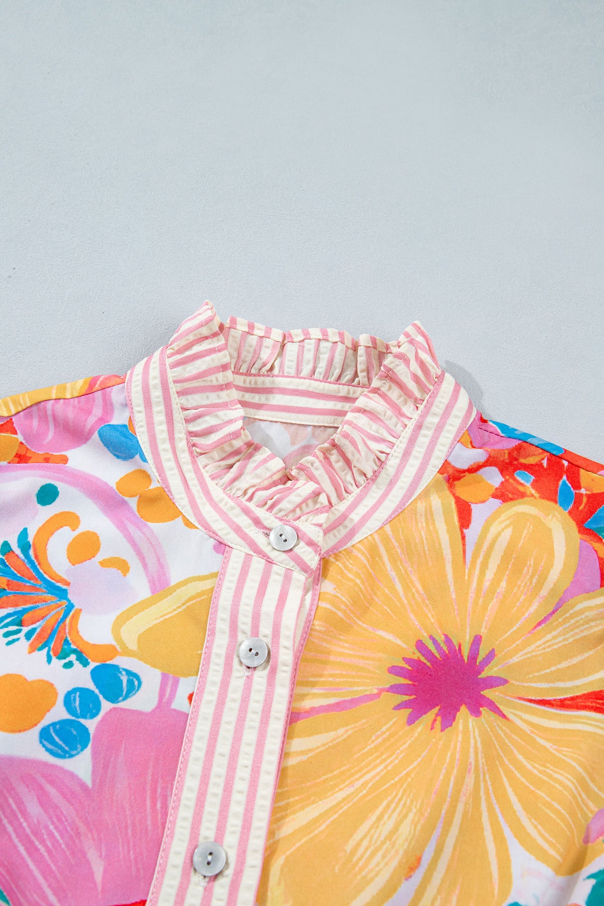 Pink Floral Print Striped Trim Button Down Short Sleeve Vacation Dress