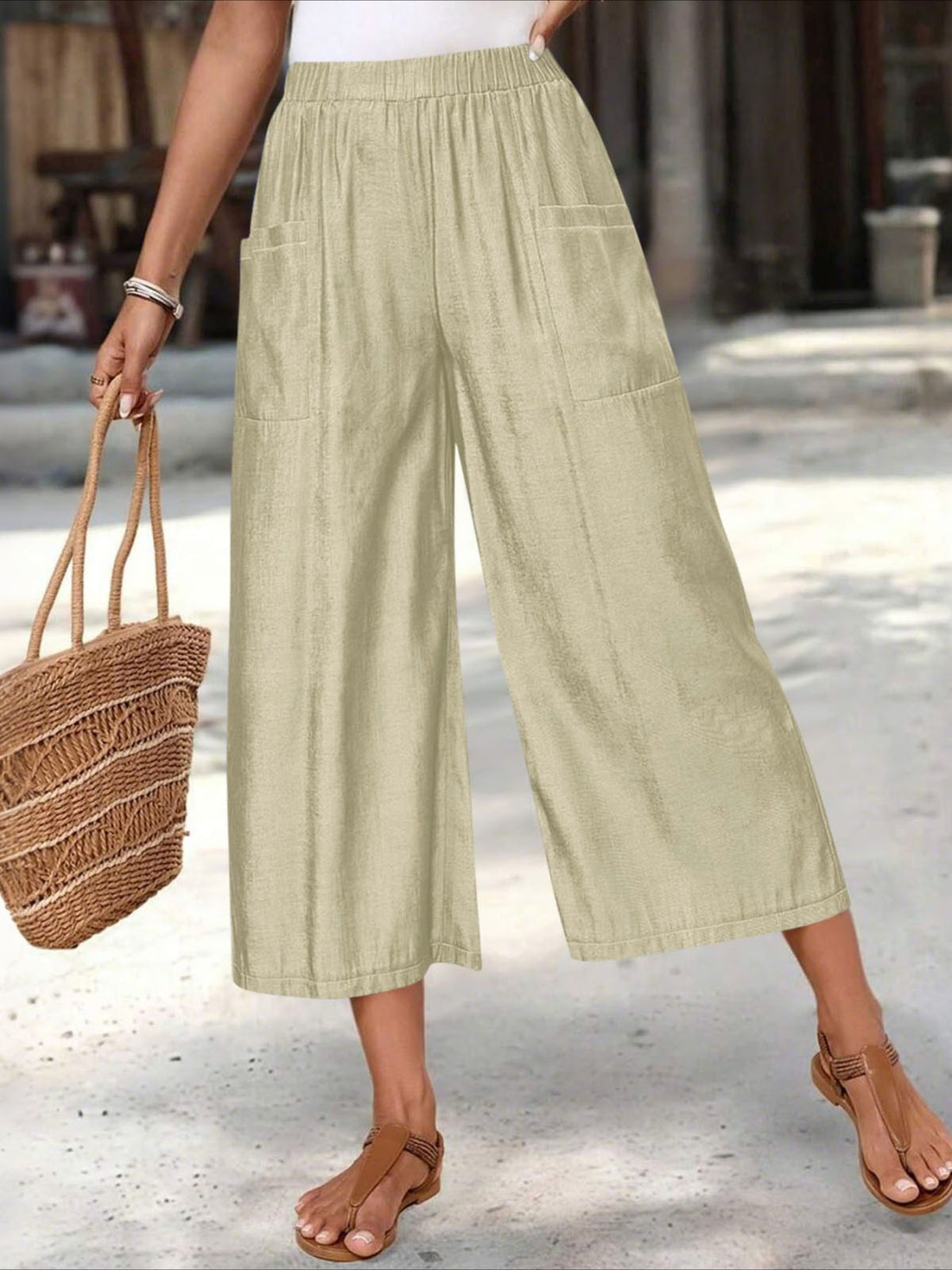 Solid Color Elastic Waist Y Casual Wide-Leg Ankle Pants