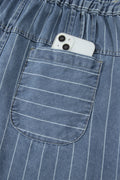 Sky Blue Stripe Drawstring Button Pleated High Waist Denim Shorts
