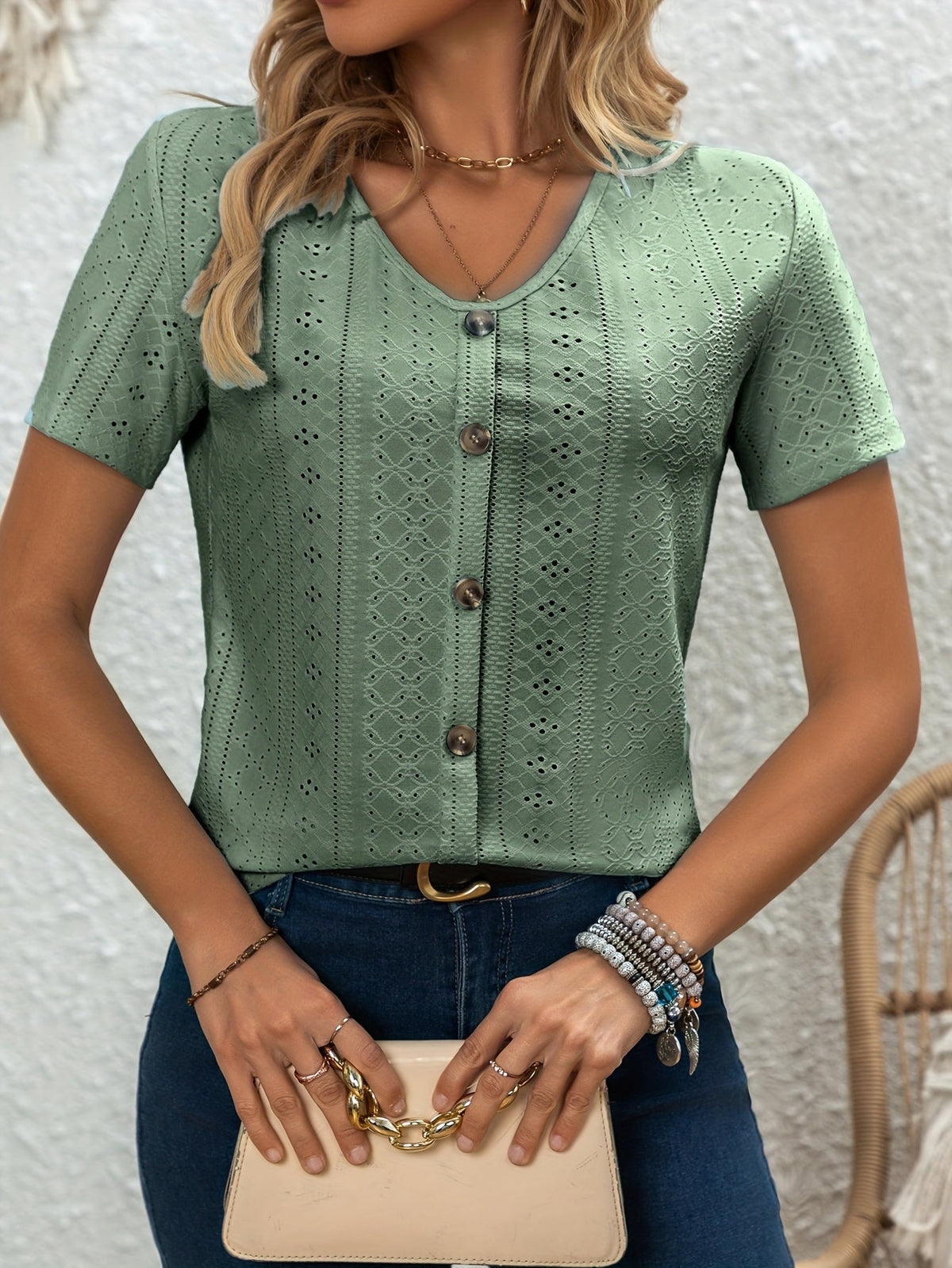 Elegant V-Neck Short Sleeve T-Shirt with Decorative Buttons