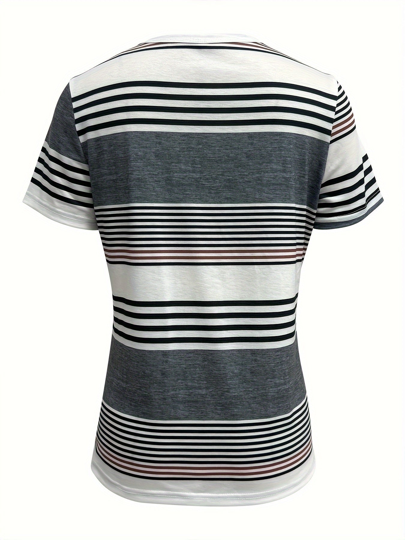 Button Front Vibrant Striped Short Sleeve Crew Neck T-Shirt