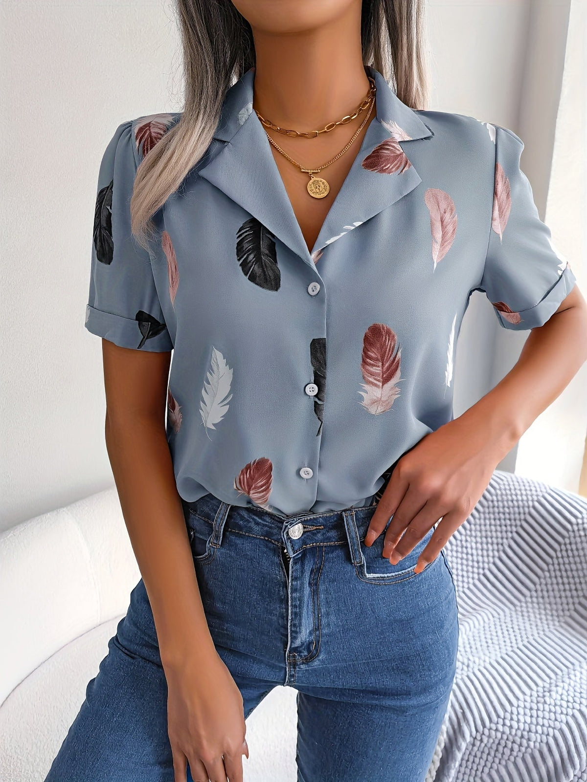 Feather Print Button Front Shirt, Casual Lapel Short Sleeve Shirt