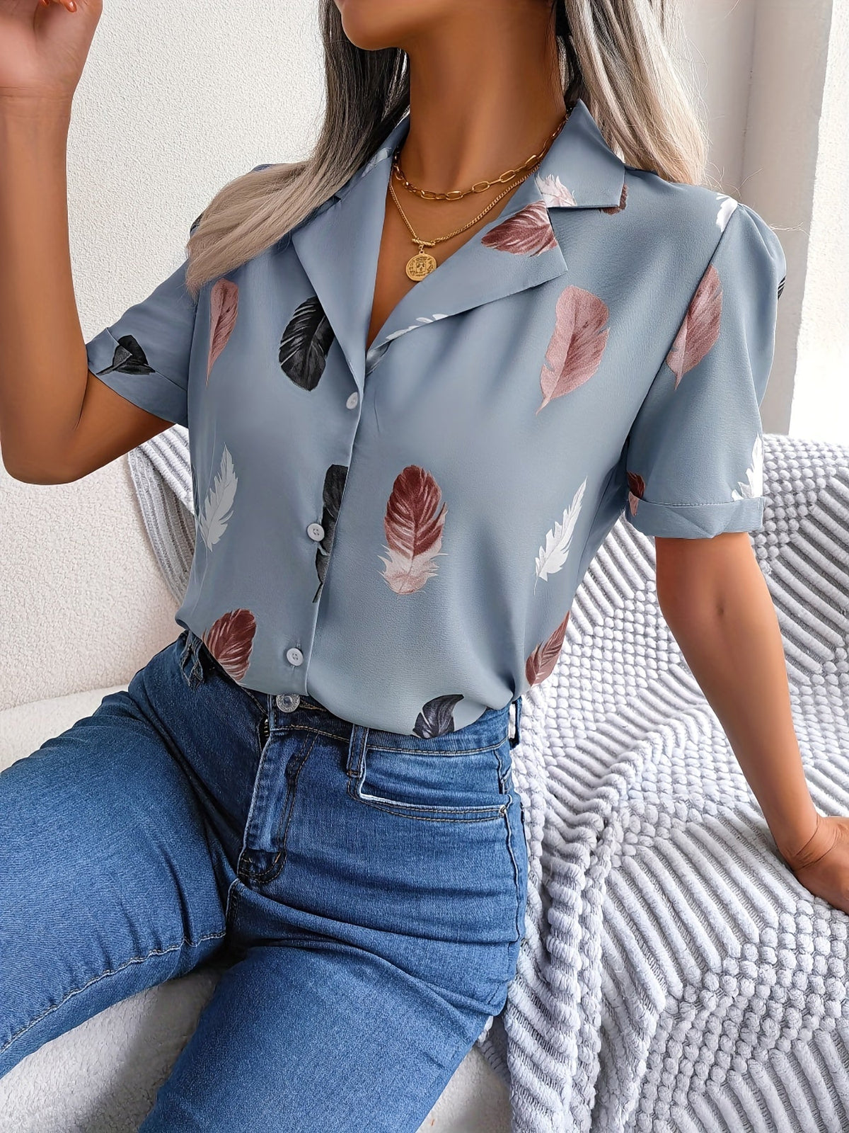 Feather Print Button Front Shirt, Casual Lapel Short Sleeve Shirt