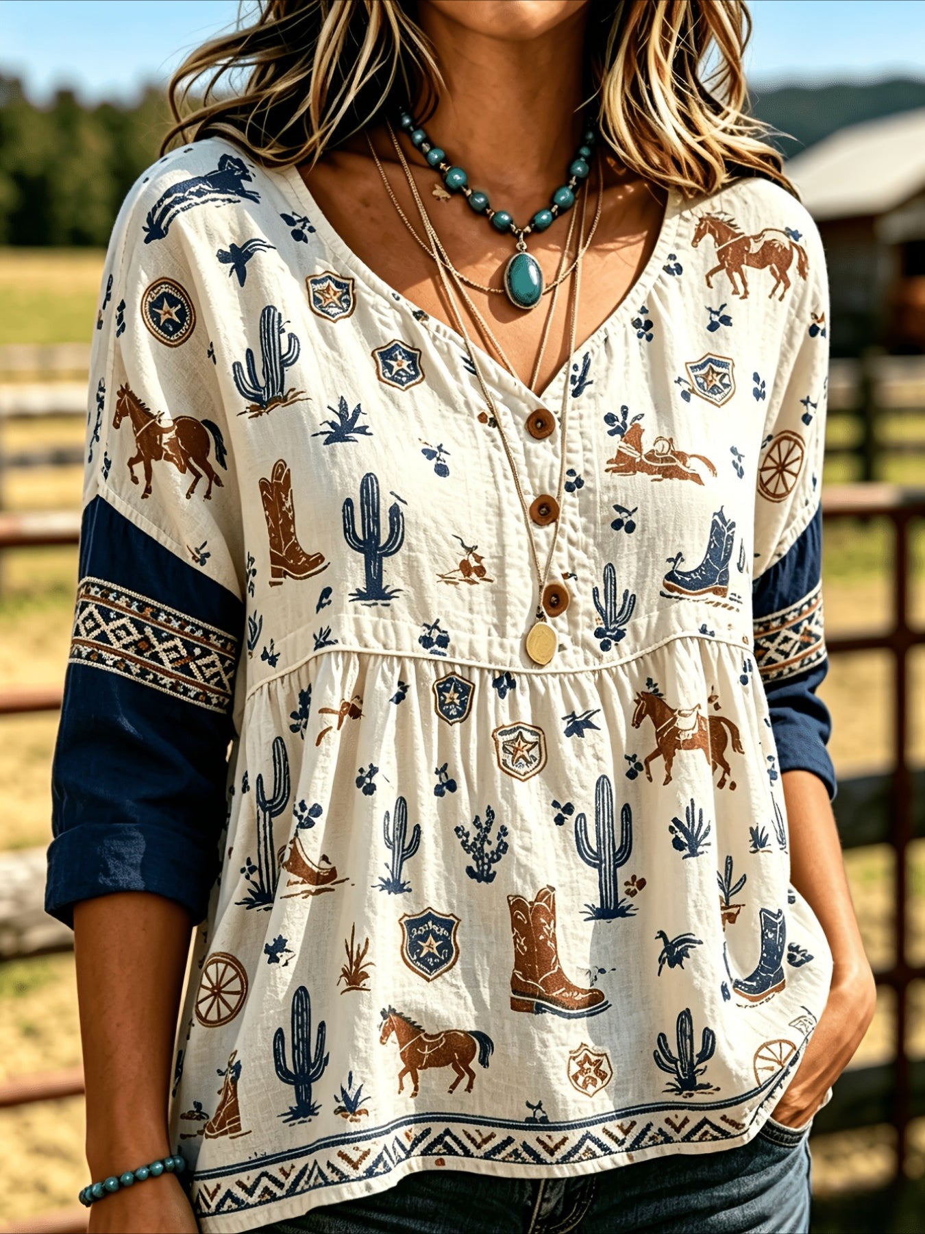 Floral Print 3/4 Sleeve V-Neck Three-Button Front Babydoll Blouse