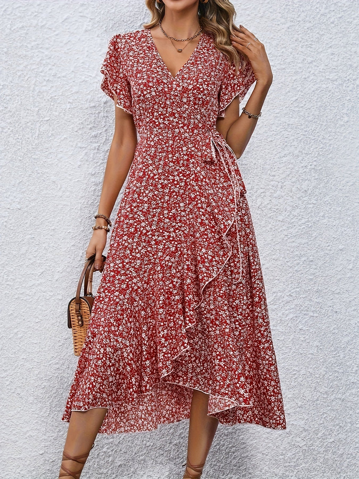 Women's Floral Print Surplice Dress with Flutter Sleeves and Ruffle Hem