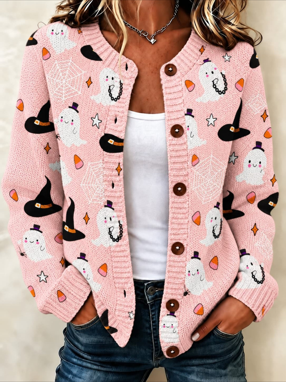 Halloween Crew Neck Long Sleeve Printed Cardigan Sweater
