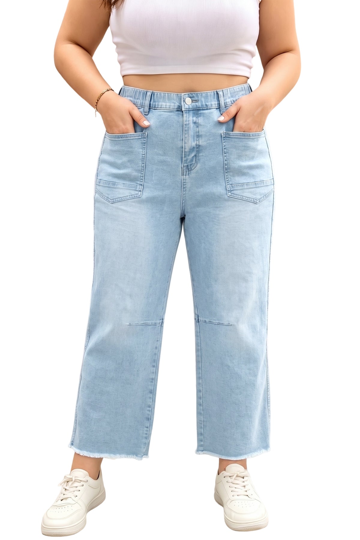 Beau Blue Plus Size Seam Detail Patch Pocket Raw Cut Shift Jeans