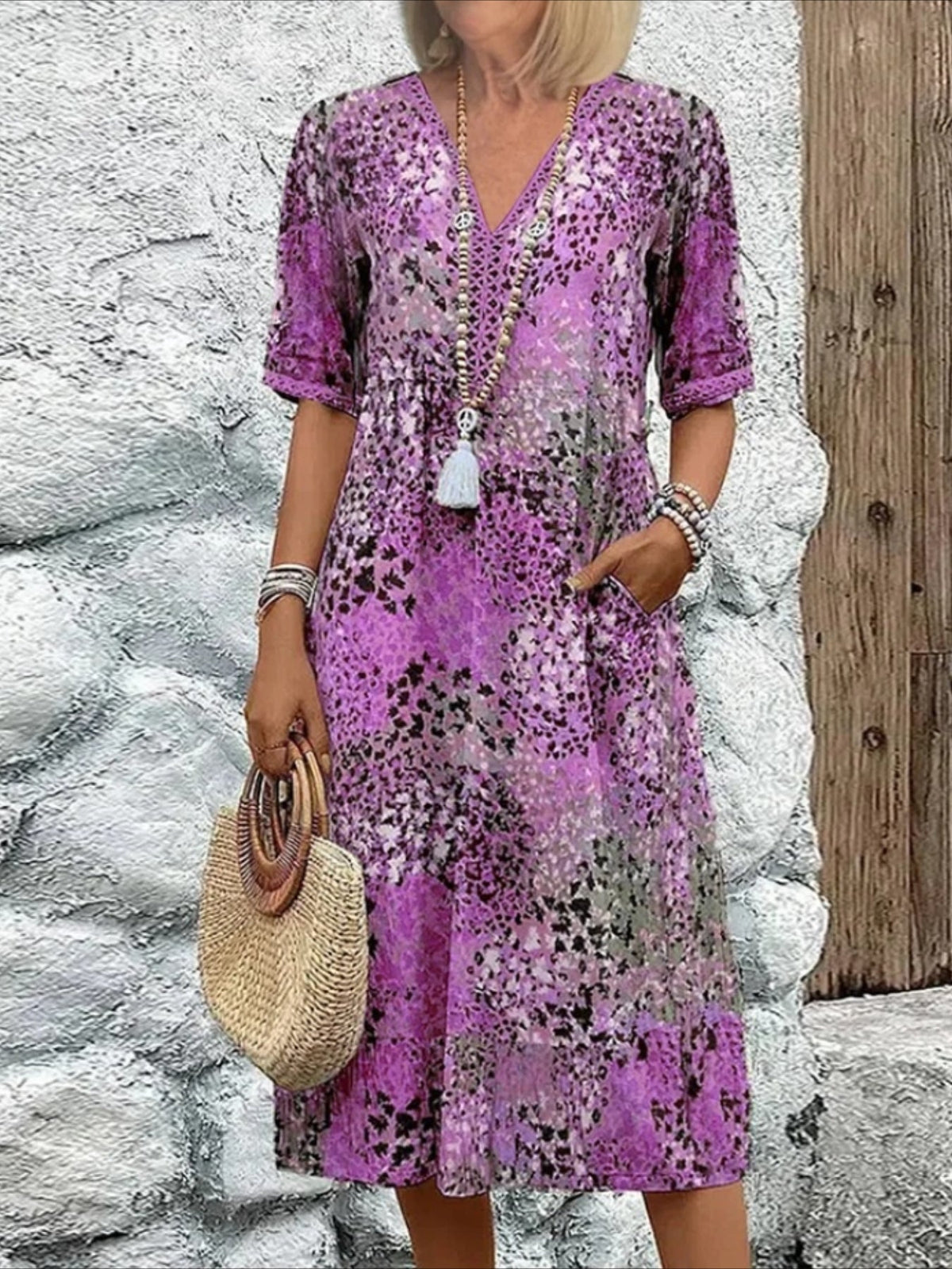 V Neck Short Sleeves Print Casual Midi Dress