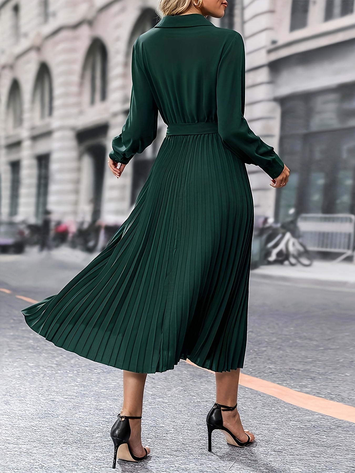 Surplice Neck A-line Pleat Dress, Elegant Long Sleeve Belt Dress