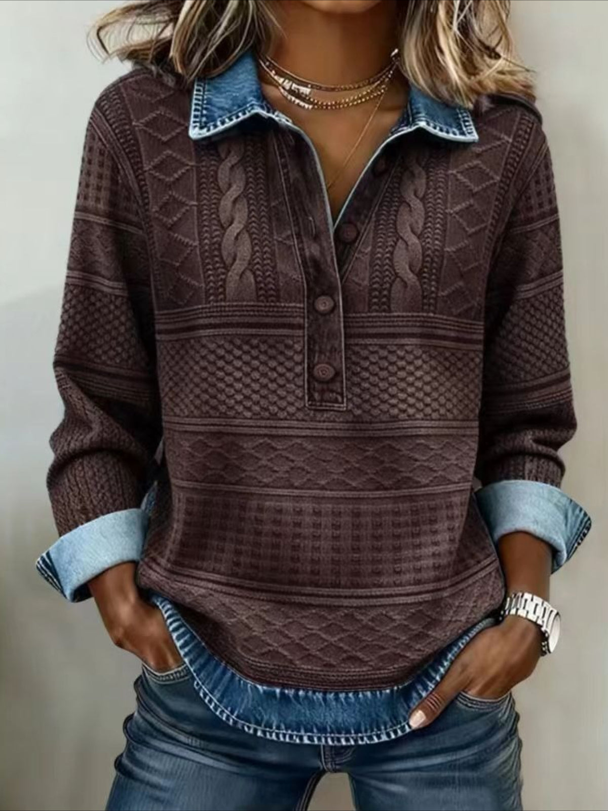 Denim Patchwork Print Casual Collared Long Sleeve Sweatshirt