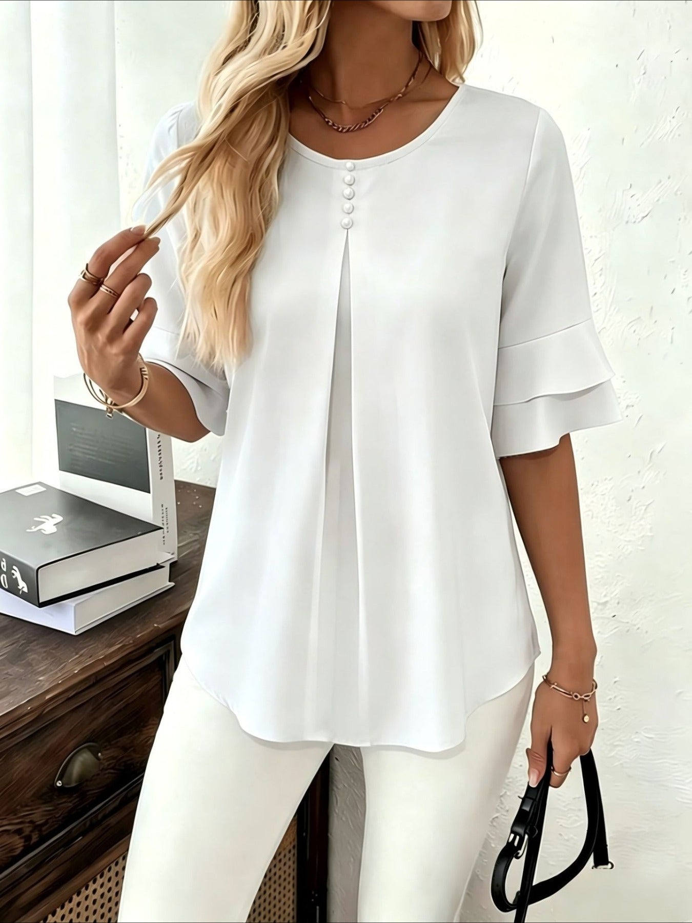 Elegant Fashion Summer Loose Solid Round Neck Button-Up Shirt Flared Sleeve Ruffle Top