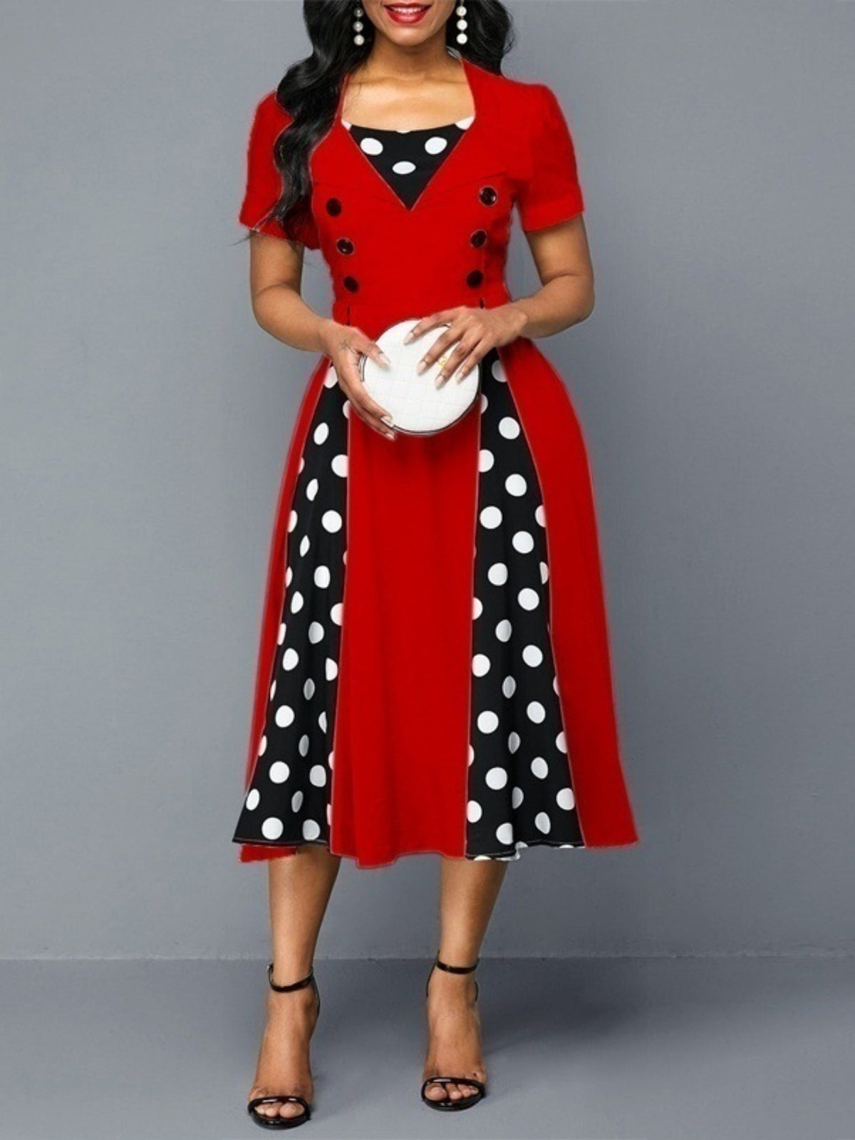 Polka Dot Color Block Button Dress, Elegant Short Sleeve Dress