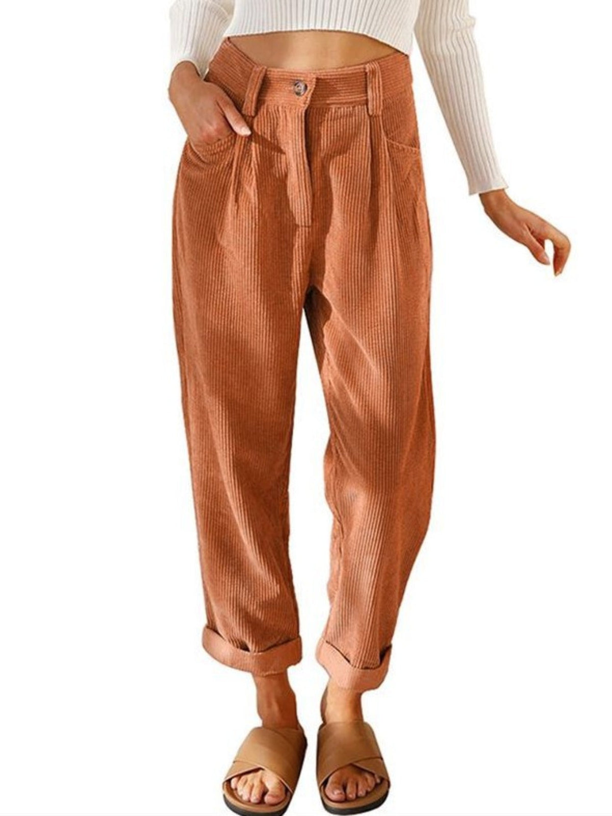 Women's High-Waist Corduroy Pants - Casual Solid Color, Loose Fit Straight Leg with Pockets