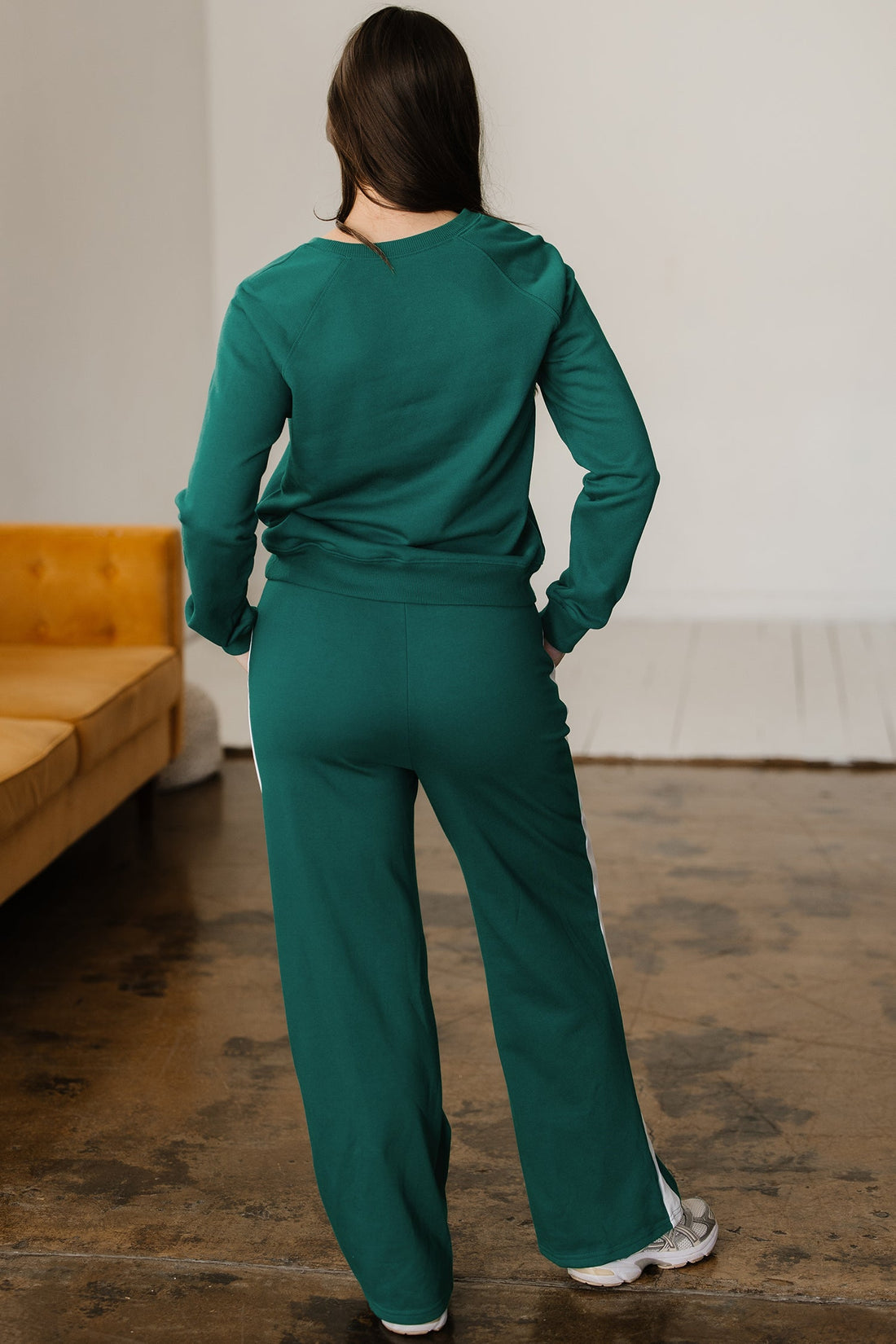 Sea Green Solid Color Pullover Top Varsity Stripe Detail Loose Drawstring Pants Set