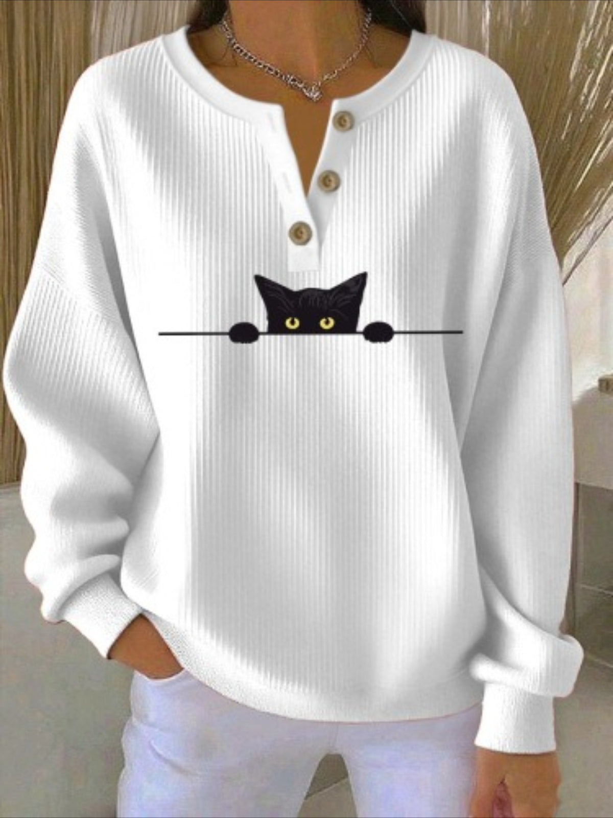 Casual Cat Crew Neck Long Sleeve Sweatshirt