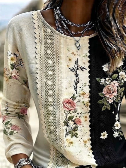 Crew Neck Long Sleeve Floral Modern Casual Regular T-shirt