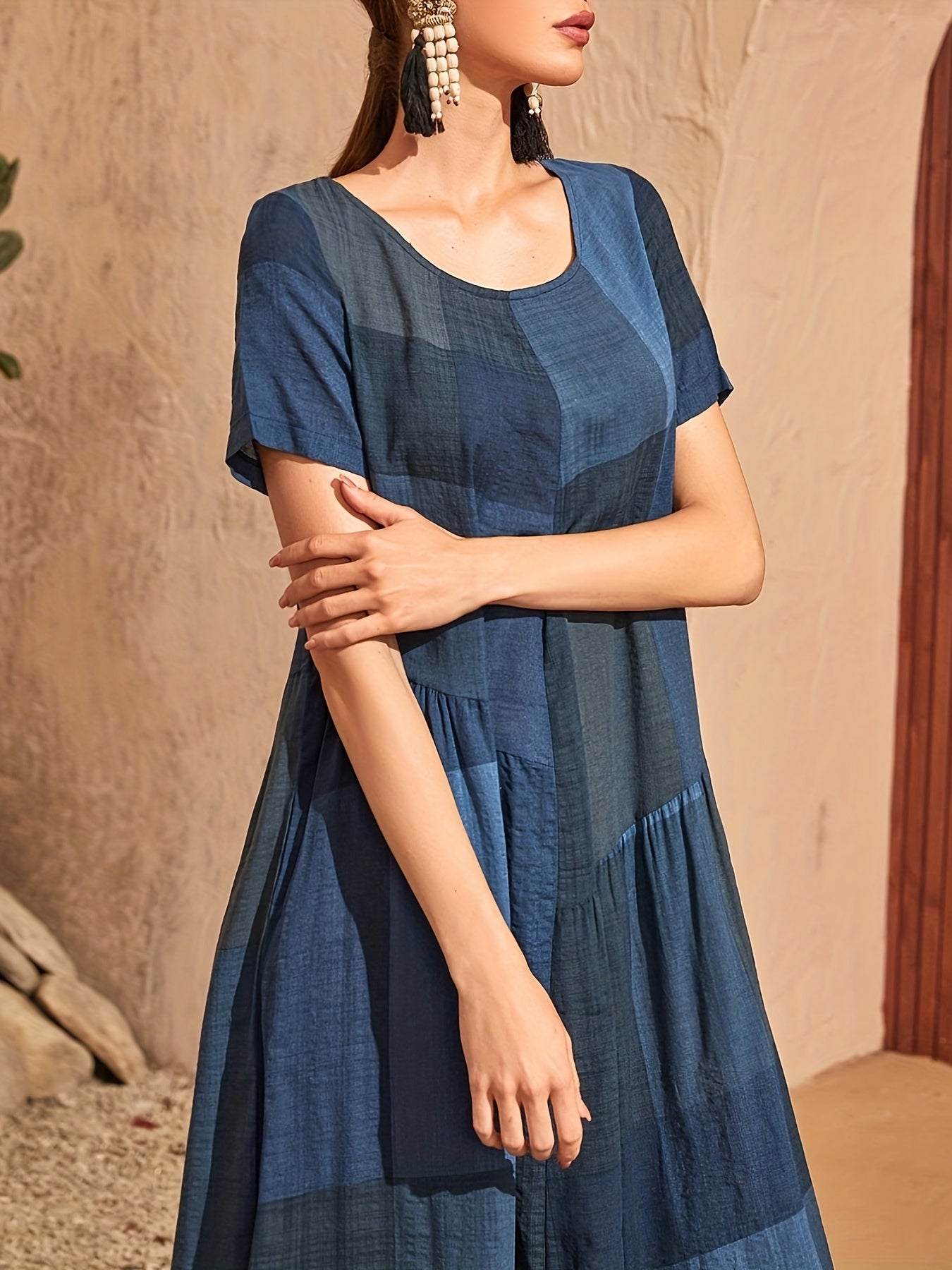 Loose Color Block Dress, Crew Neck Short Sleeve Vacation Dress, Casual Every Day Dress