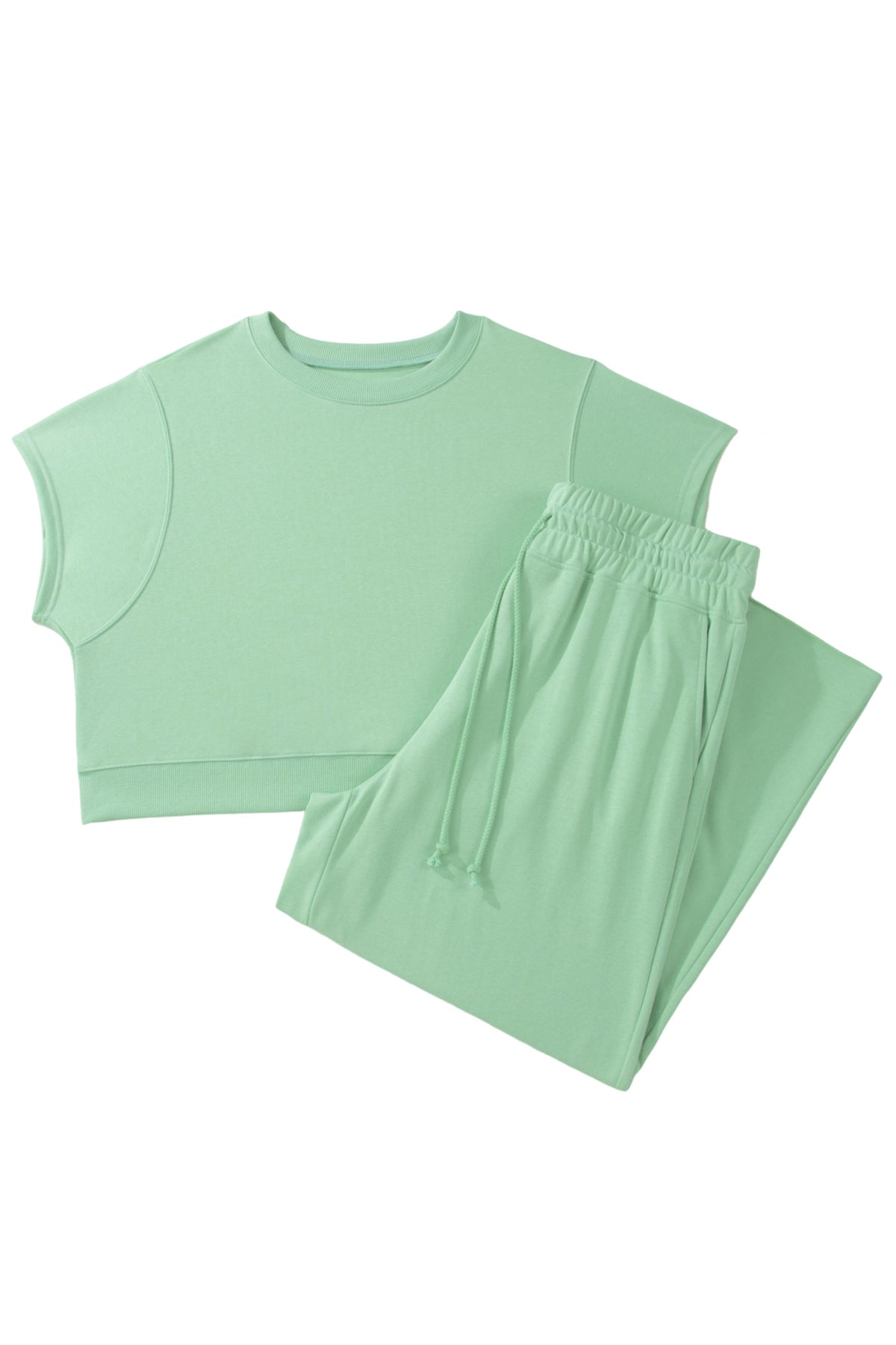 Clearly Aqua Solid Color Ribbed Trim Short Sleeve Top Drawstring Loose Pants 2pcs Outfit