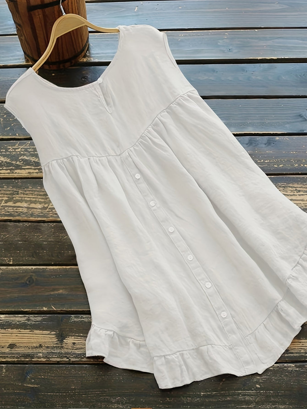 Solid Color Blouse with Button Back Detail, Chic Crew Neck, and Ruffle Trim - Versatile Top for Casual or Formal Events