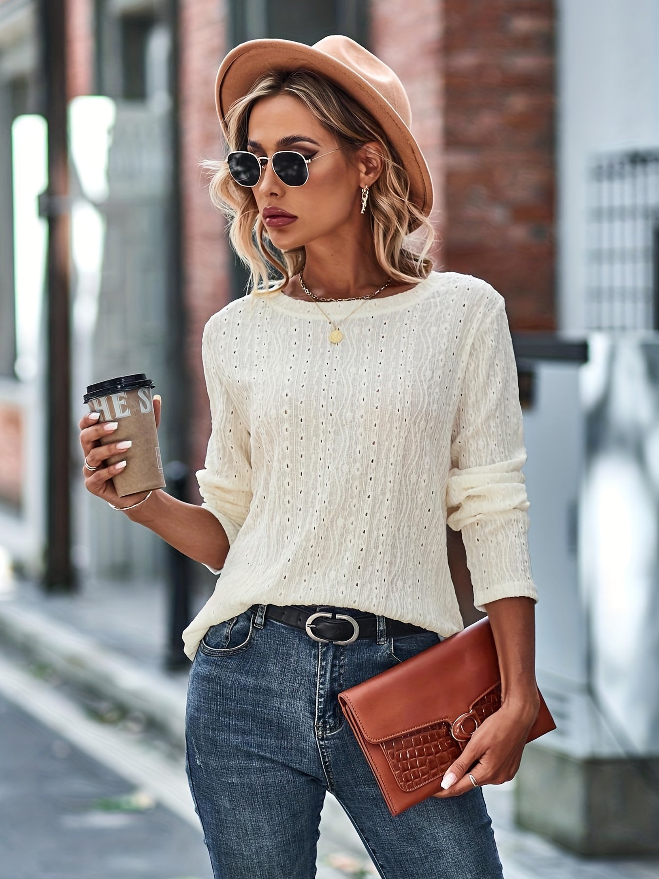 Eyelet Embroidery T-Shirt, Crew Neck Long Sleeve T-Shirt, Casual Every Day Tops