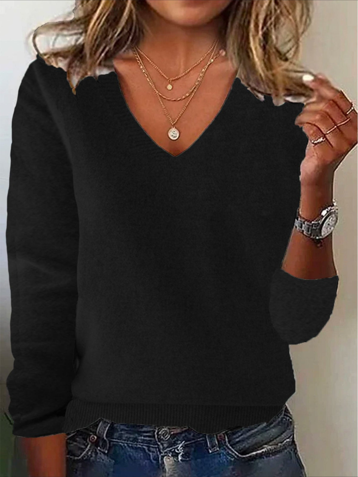 Plain Casual Long Sleeve V Neck Yarn/Wool Yarn Sweater