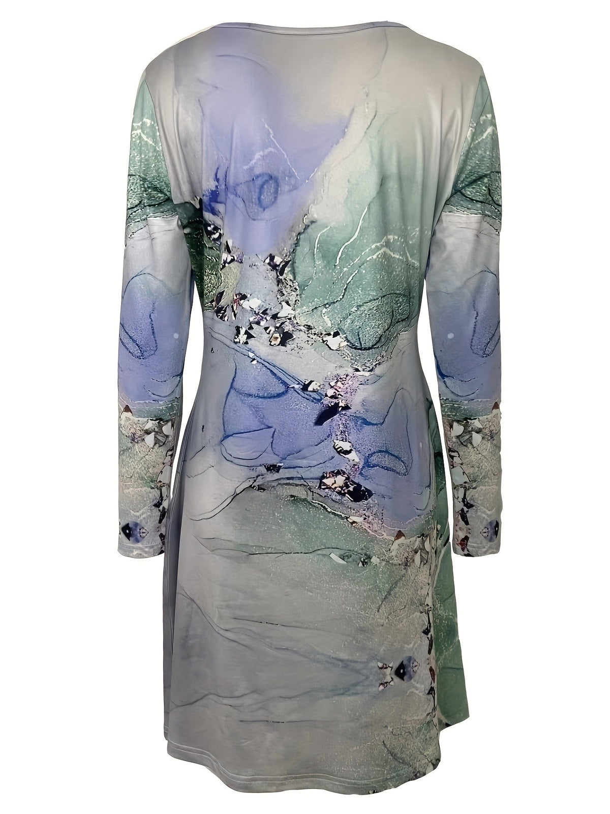 Graphic Print Long Sleeve Dress, Casual Crew Neck Midi Dress