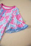 Rose Floral Print Ruffled Color Block Trim Half Sleeve Blouse