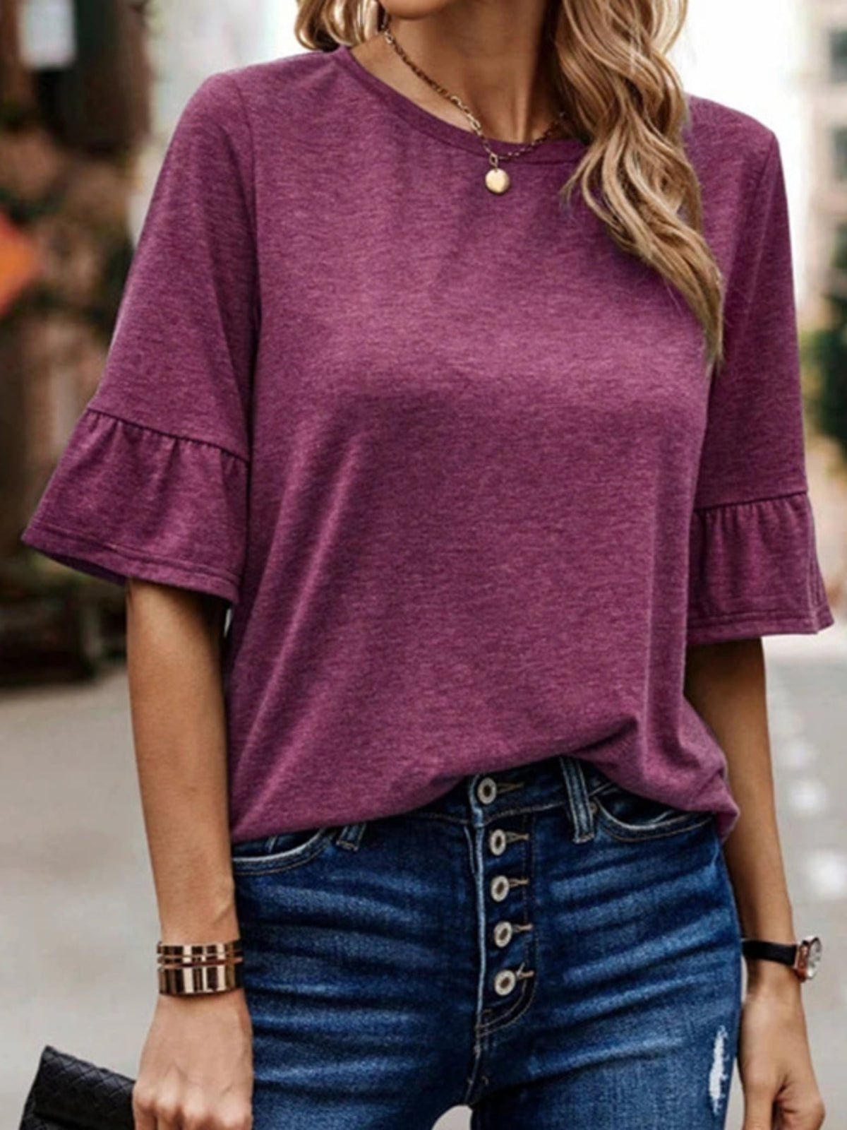 Women's Casual Flare Sleeve T-Shirt - Soft and Comfortable Solid Color Crew Neck Tee