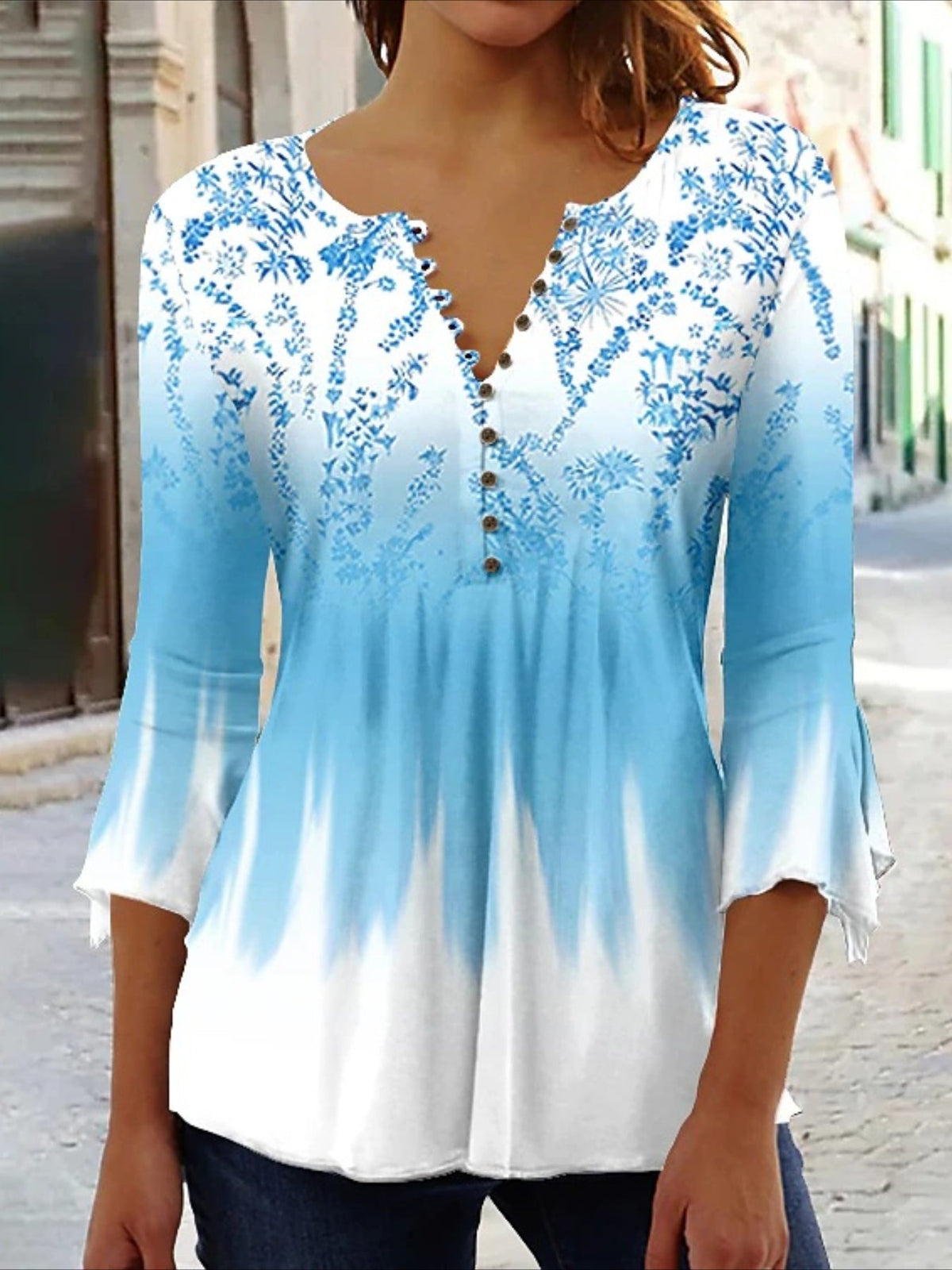 Casual Floral Print V-Neck 3/4 Sleeves Blouse