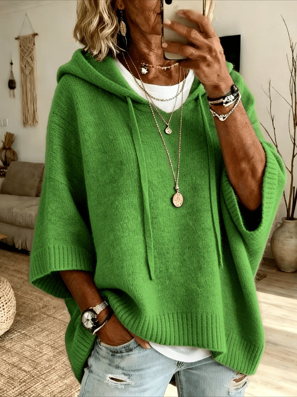 Solid Color Casual Hooded Batwing Sleeve Knit Sweater