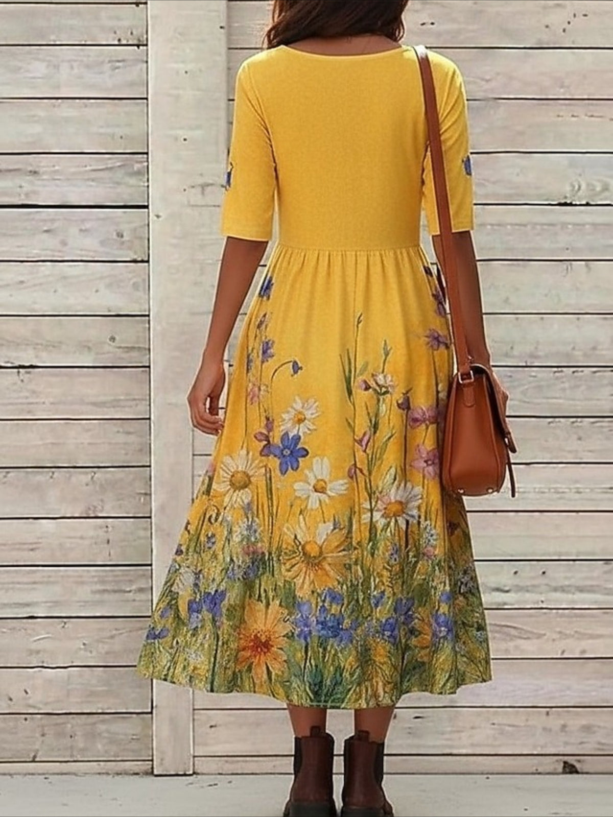 Floral Printed Crew Neck Short Sleeve Maxi Dress