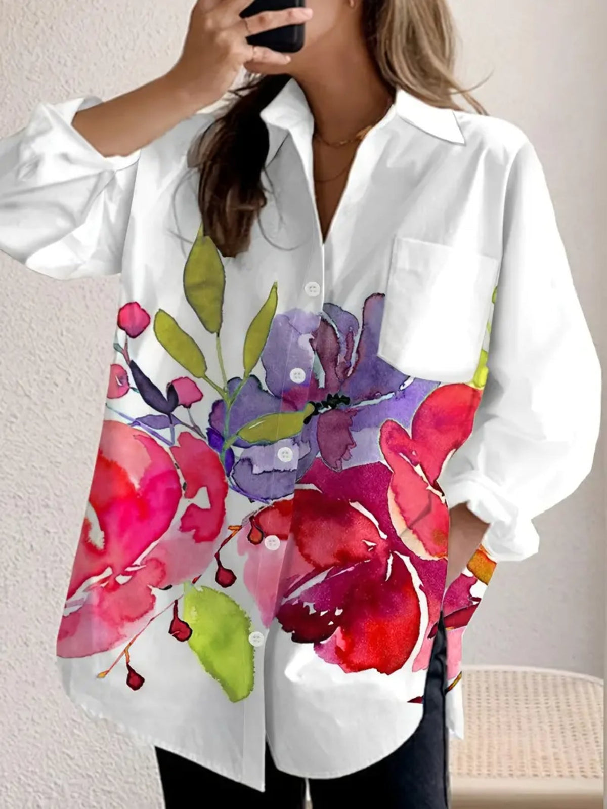 Ink Painting Printed Casual Button-Up Long Sleeve Shirt for Women