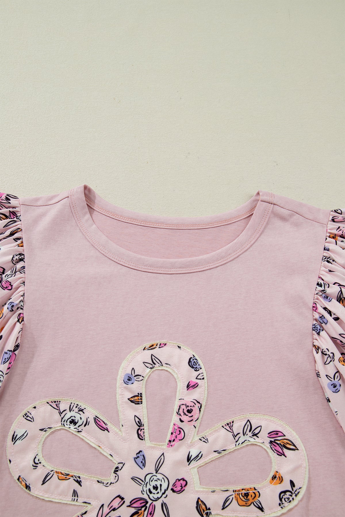 Pink Contrast Floral Patched Flowy Half Sleeve Blouse