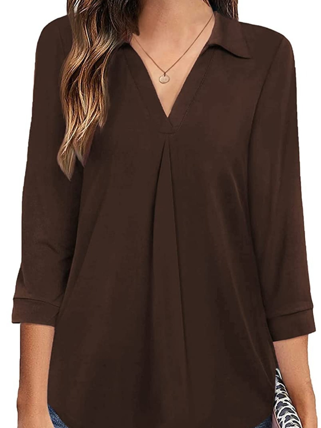 Solid V-neck Blouse, Casual 3/4 Sleeve Blouse