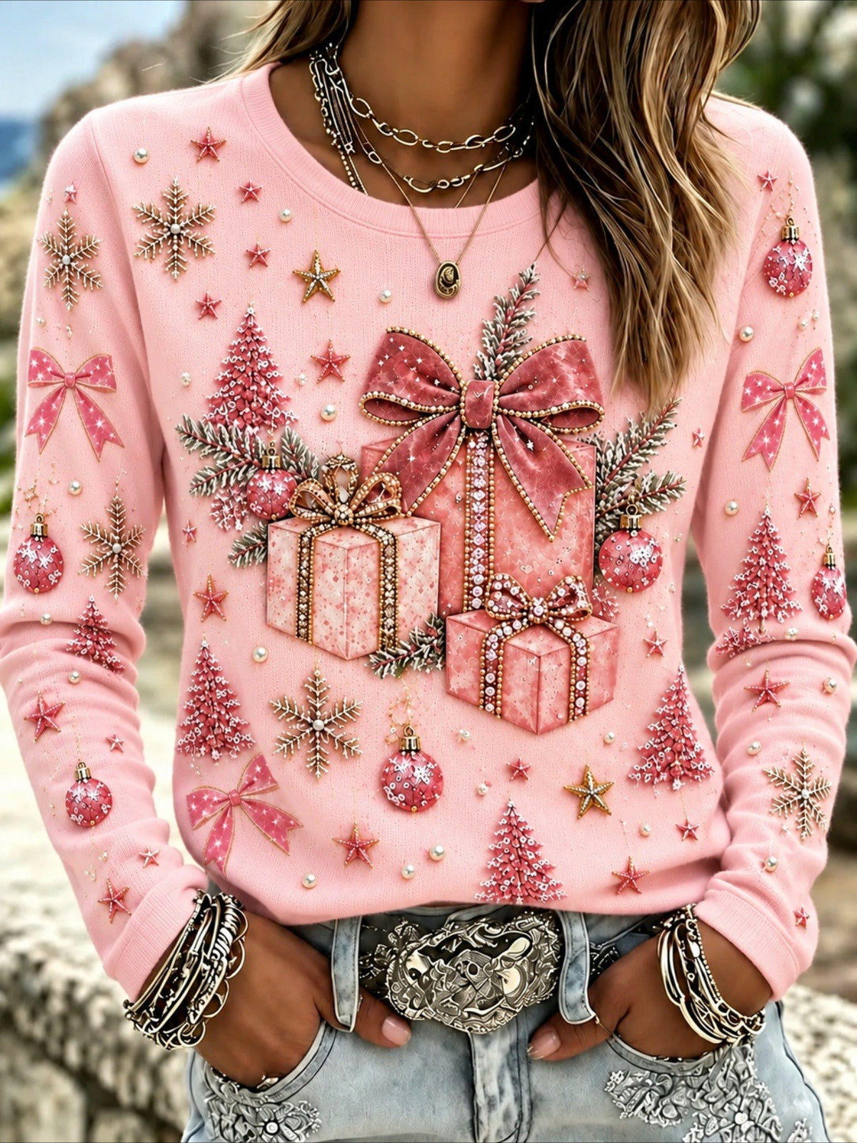 Printed Christmas Crew Neck Long Sleeve Casual Regular T-shirt