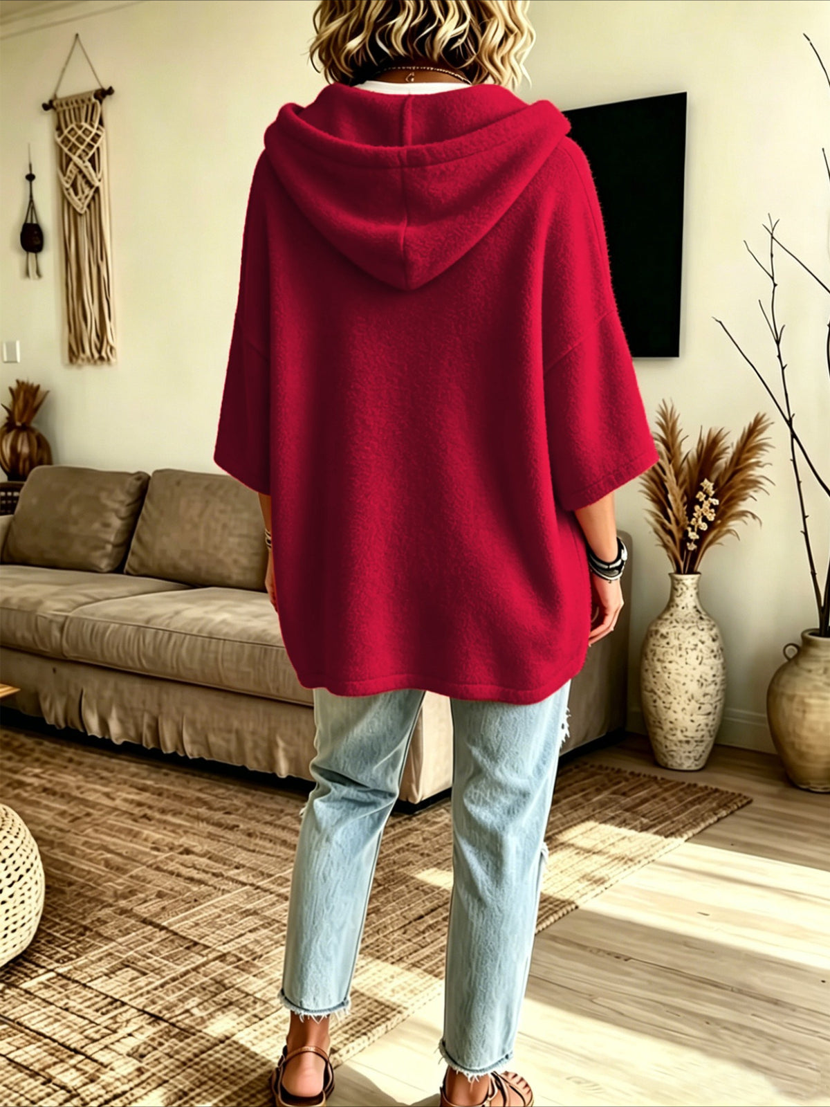 Loose 3/4 Sleeve Hooded Drawstring Bat-sleeved Sweatshirt