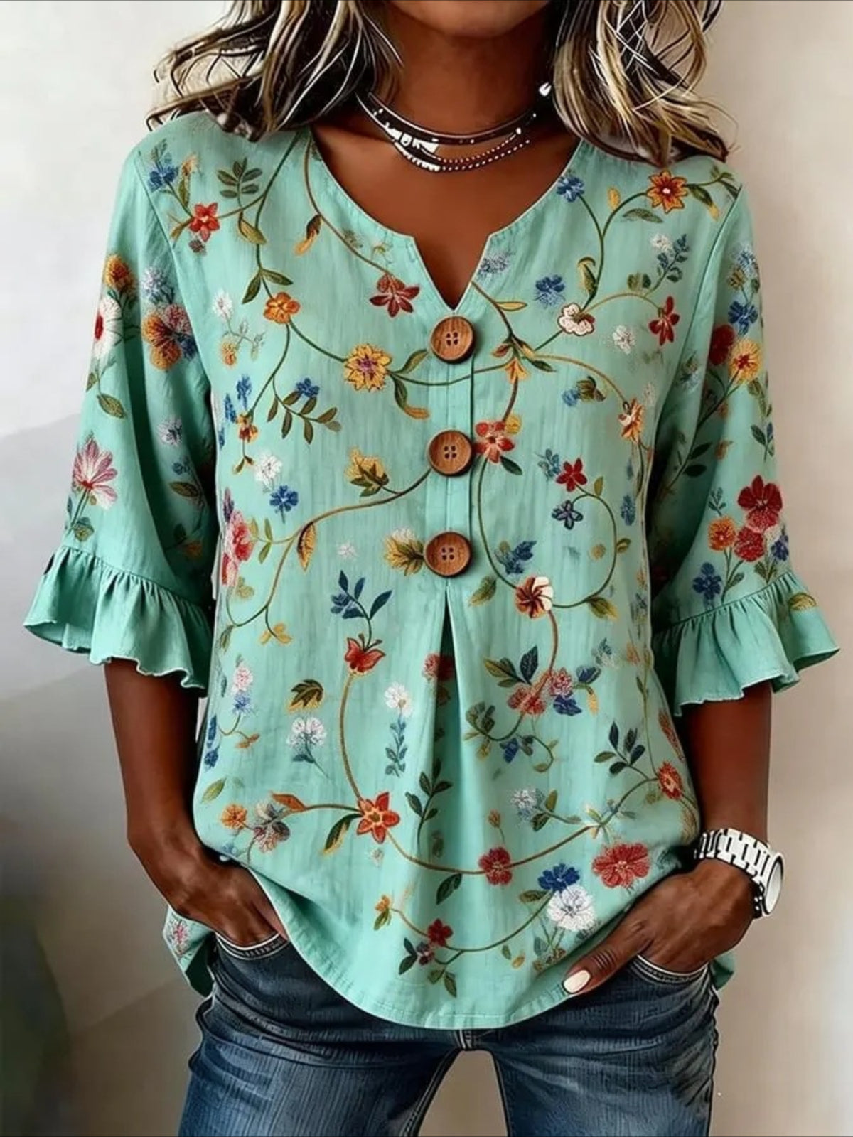 Floral V Neck Button Short Ruffle Sleeve Casual Top