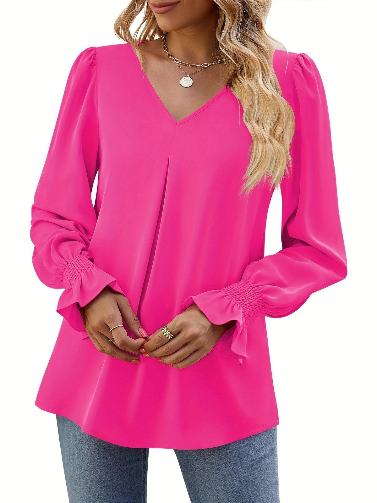Solid V Neck Simple Blouse, Elegant Long Sleeve Ruched Blouse
