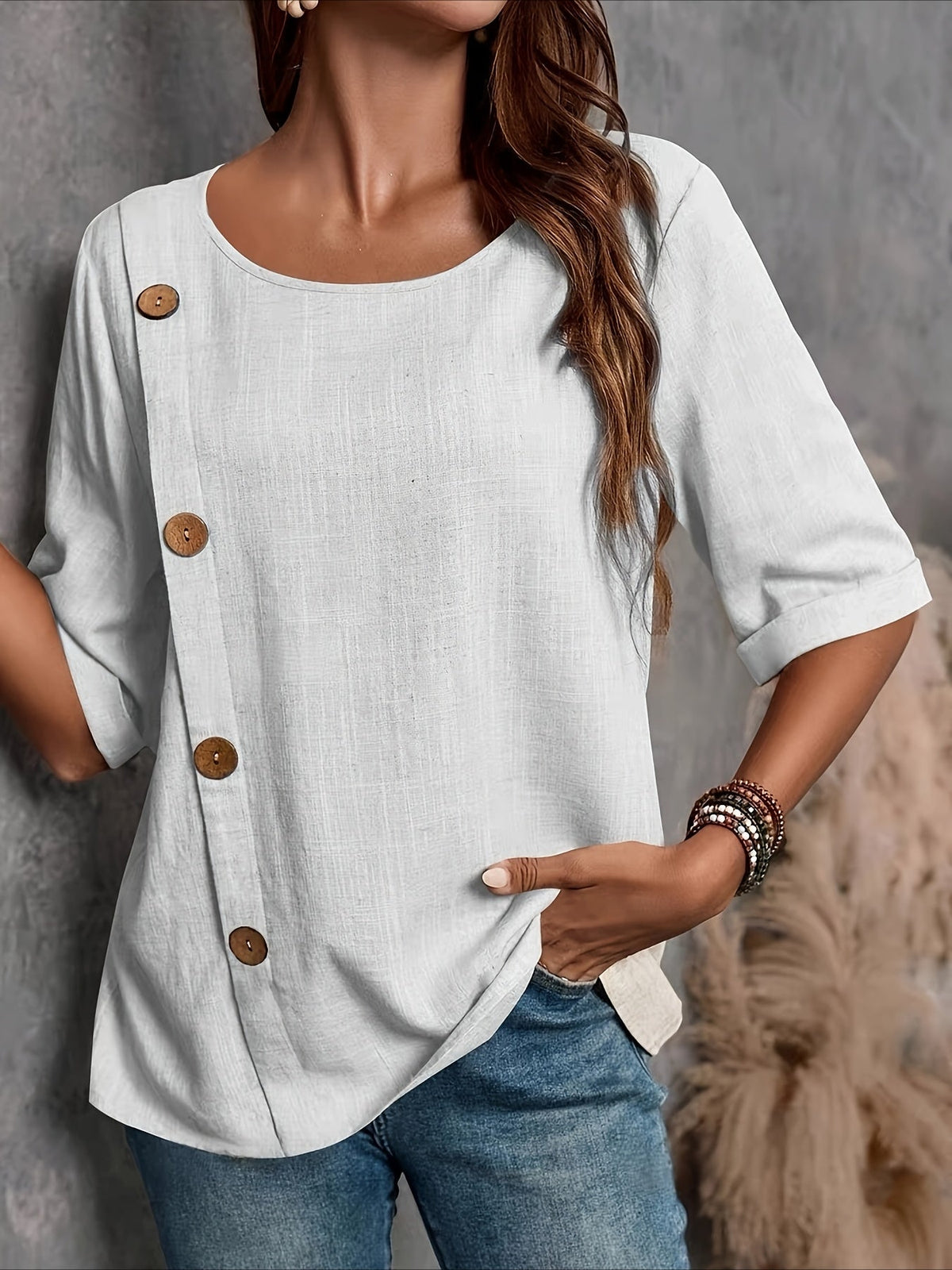 Vintage-Inspired Button-Up Round Neck Blouse with Puffed Sleeves